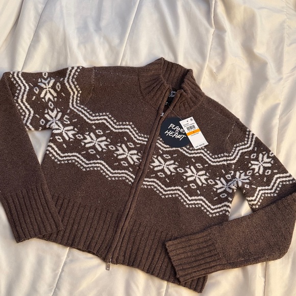Planet Heart Sweaters - Planet Heart Mocha and Cream Knit full zip Sweater